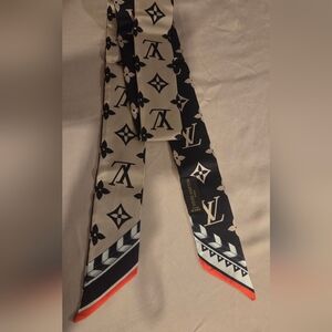 Louis Vuitton Monogram Silk Twilly Scarf - Beige & Black with Orange Accent